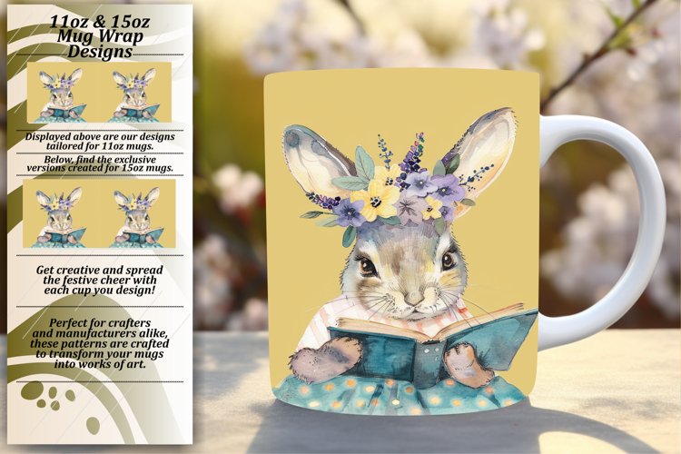 Floral Accented Bunny Mug Wrap for Sublimation