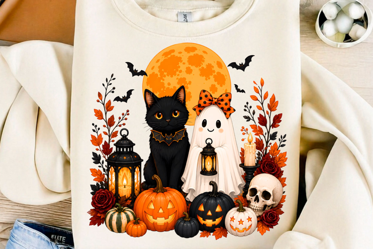 Cute Ghost Black Cat Halloween PNG Spooky Moon Pumpkin Sub