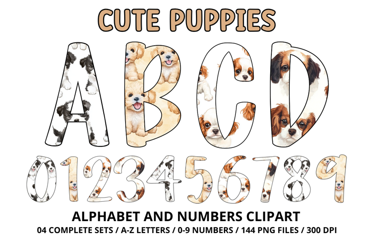 Cute Puppies Alphabet PNG, watercolor Letters & Numbers