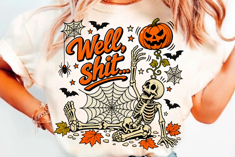 Well Shit Halloween T-Shirt Design With Skeleton, Pumpkin