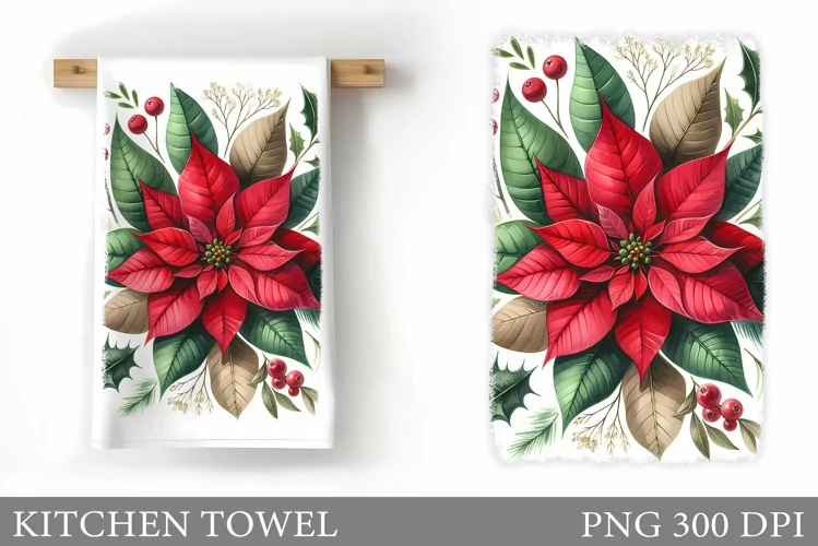 Poinsettia Kitchen Towel. Christmas Kitchen Towel Design
