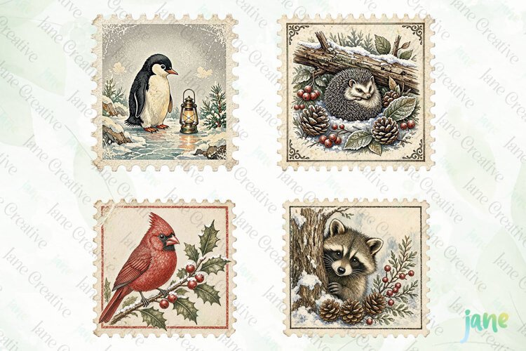 Vintage Winter Postage Stamp Clipart example image 1