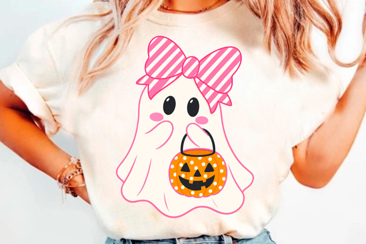 Cute pink Halloween ghost with pumpkin candy bucket kids