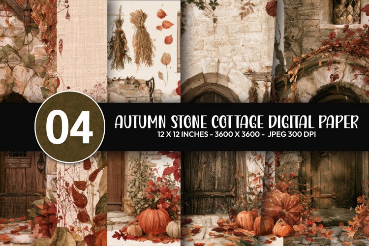 Autumn Stone Cottage Digital Paper example image 1