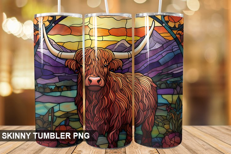 Stained Glass Highland Cow PNG Tumbler Design