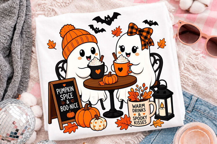 Cute Halloween Ghost Couple Drinking Pumpkin Spice Coffee example image 1