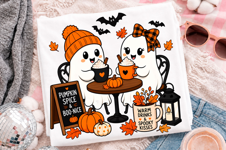 Cute Halloween Ghost Couple Drinking Pumpkin Spice Coffee