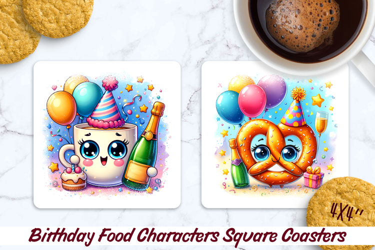 Birthday Food Square Coaster PNG 4x4, Sublimation Design.
