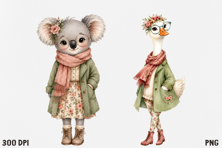 Cute Cottagecore Animal Watercolor Clipart PNG