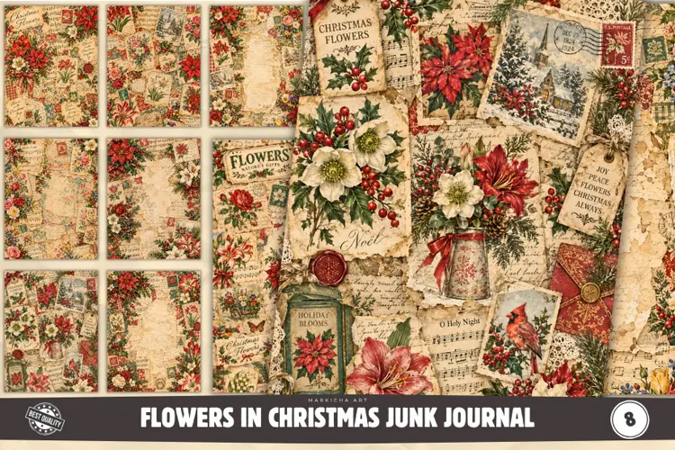 Flowers in Christmas Junk Journal Pages