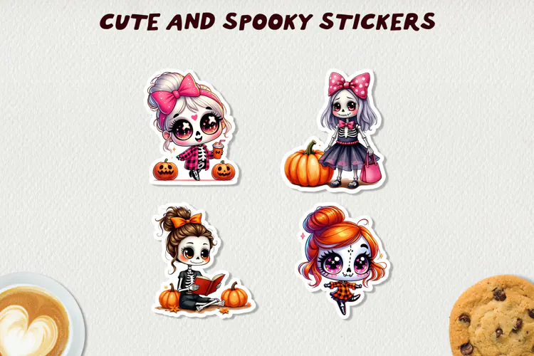 Spooky Skeleton Girls Stickers Halloween Clipart Kawaii Fall