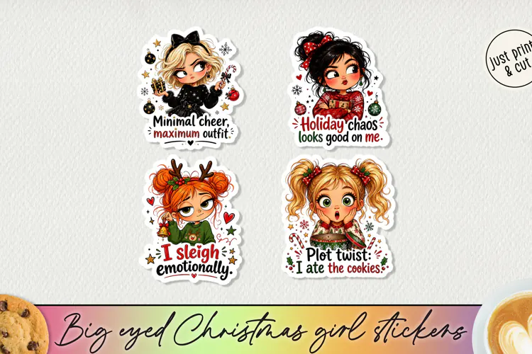 Big Eyed Christmas Girl Stickers PNG, Funny Holiday Girl
