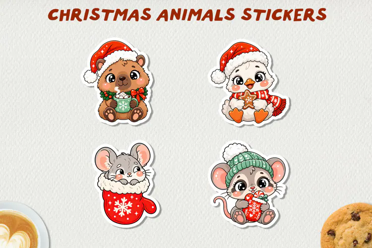 Cute Christmas Animals Printable Stickers.