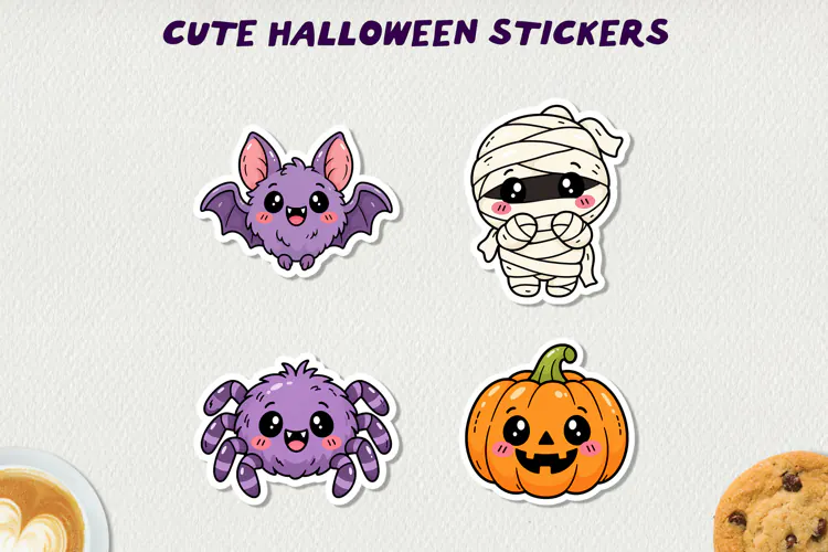 Cute Halloween Printable Stickers, Kawaii Spooky PNG.
