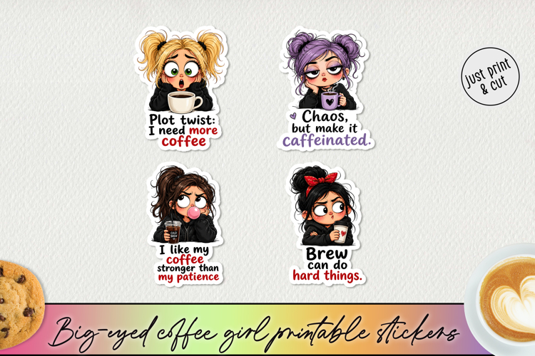 Funny Big-Eyed Coffee Girl Stickers PNG