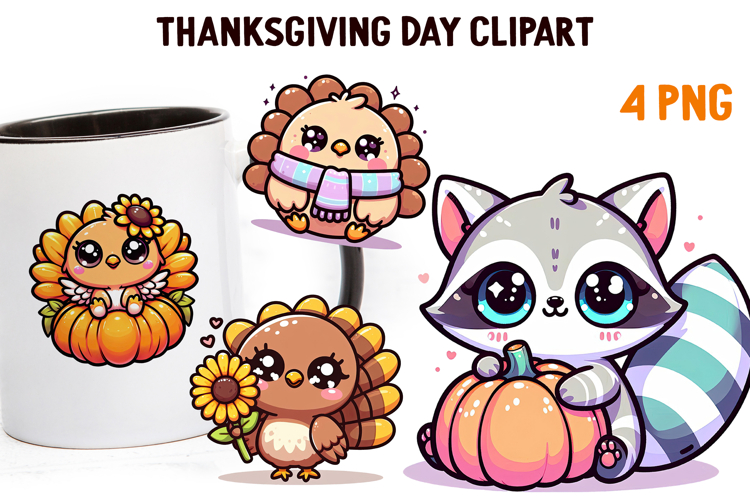 Cute Kawaii Thanksgiving Clipart | Fall Pumpkin Turkey PNG