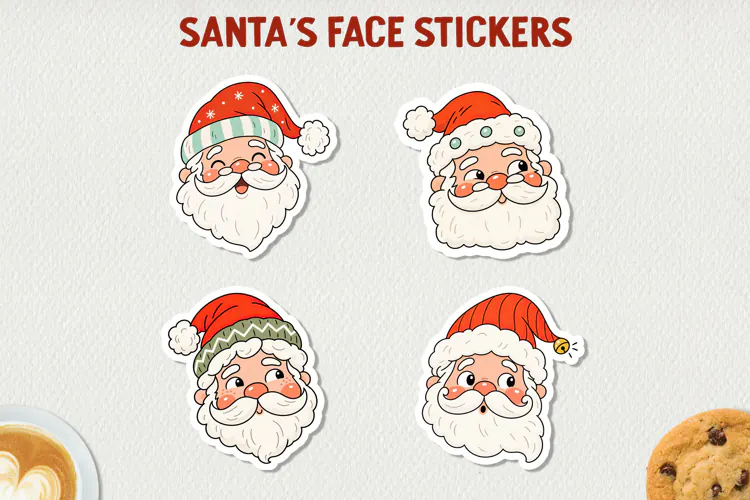 Santa Face Stickers, Cute Christmas Santa Stickers.