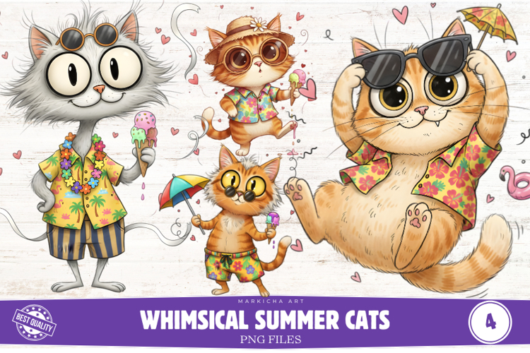 Whimsical Summer Cats Clipart
