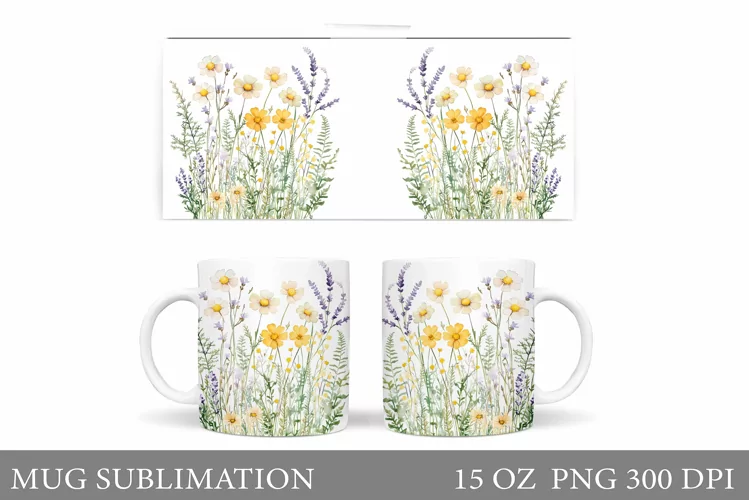 Flowers Mug Wrap Design. Wildflowers Mug Sublimation