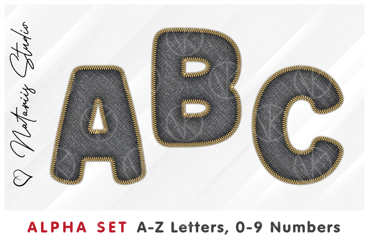 Black Denim Alpha Set. Letters Numbers Clipart.