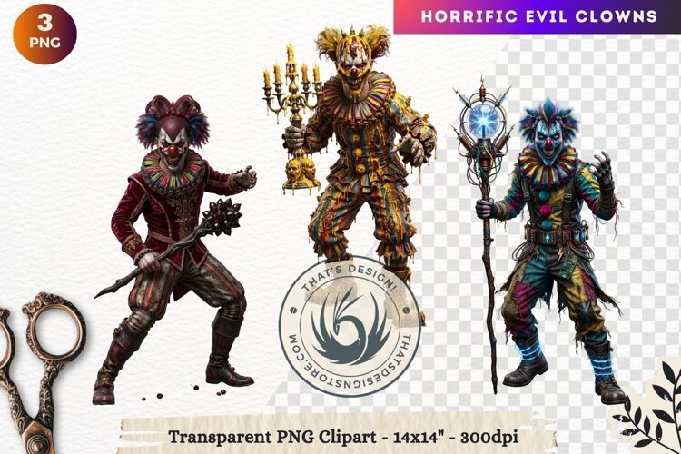 Horrific Evil Clown Clipart - Creepy Circus PNG Graphics example image 1