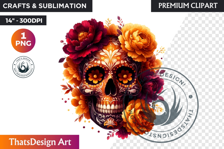 Floral Sugar Skull Day of the Dead Clipart, dia de muertos