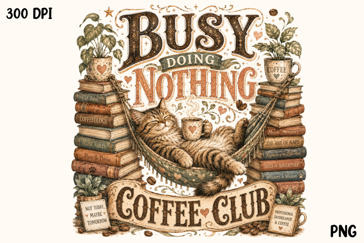Busy Doing Nothing Coffee Club Cat Lover Vintage PNG