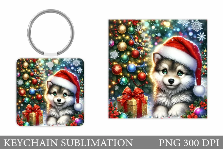 Christmas Wolf Keychain. Christmas Keychain Sublimation
