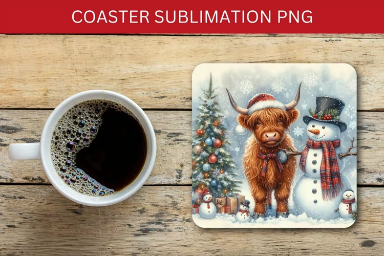 square coaster - highland cow and snowman