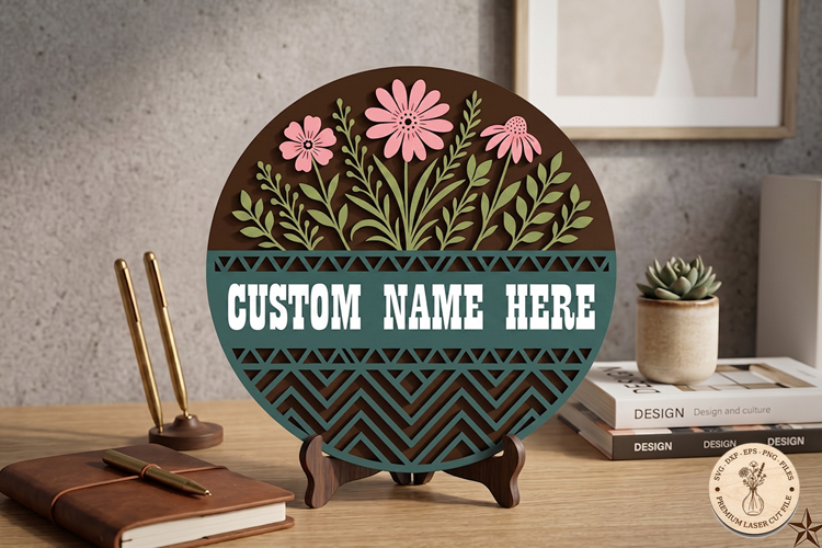 Custom Floral Name Sign SVG | Laser Cut Round Design