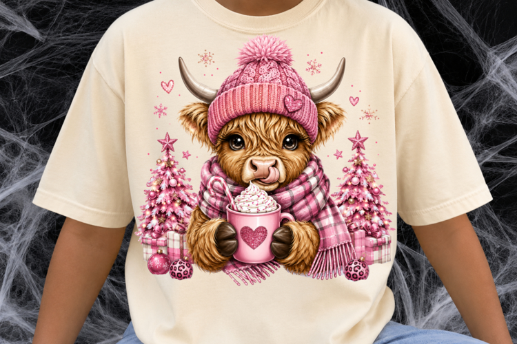 Pink Highland Cow Christmas PNG, Cute Cow Hot Cocoa png