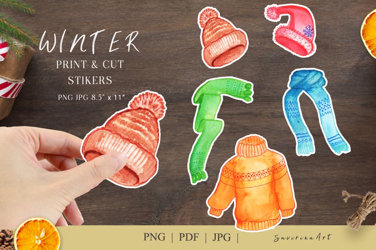 Crafters PNG stickers printable Winter clothes Watercolor. example image 1