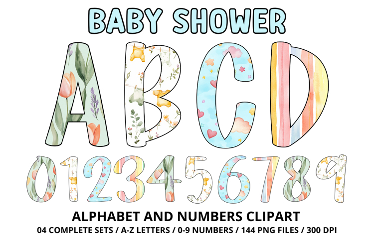 Baby Shower Watercolor Alphabet and Numbers Clipart PNG