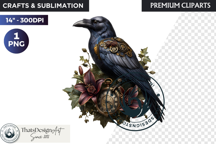 Floral Ravens Fantasy clipart, Gothic Botanical Bird Graphic