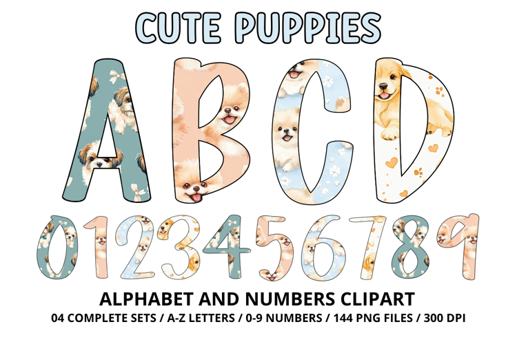 Cute Puppies Alphabet PNG, Watercolor Letters & Numbers