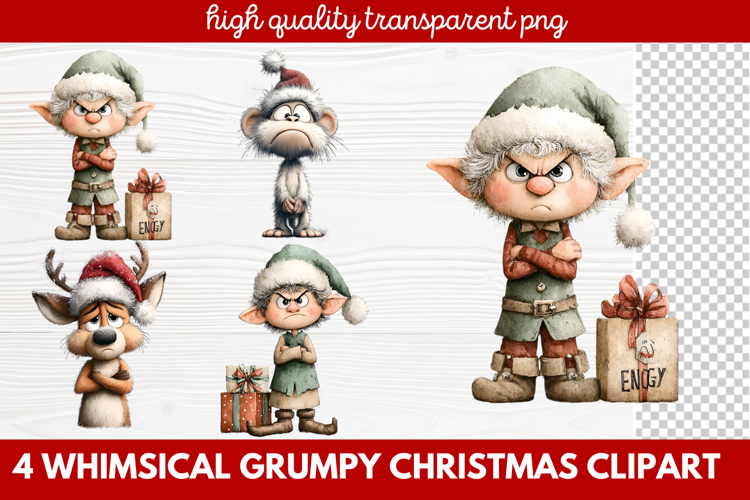 4 Whimsical Grumpy Christmas Clipart | Funny Grumpy Holiday