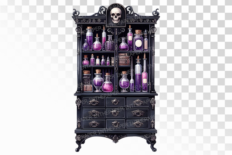 Gothic Apothecary Cabinet Skulls Potions Halloween PNG