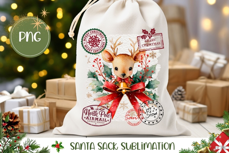 Cartoon Christmas Deer Santa Sack, Winter Gift Bag Print