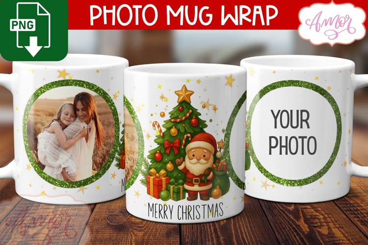 Merry Christmas photo mug wrap PNG, Santa mug template png