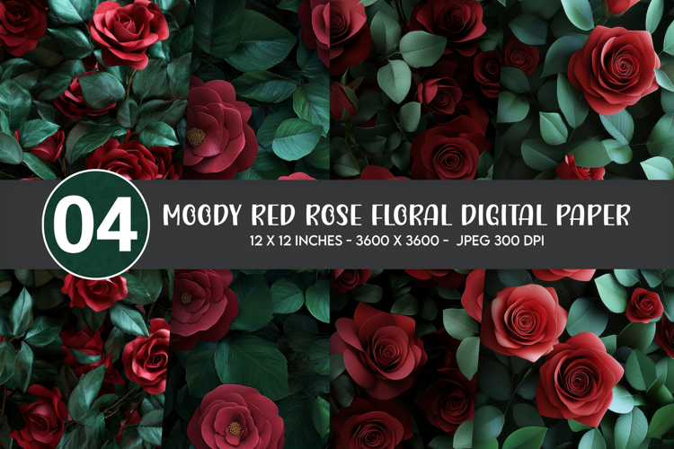Moody Red Rose Floral Digital Paper