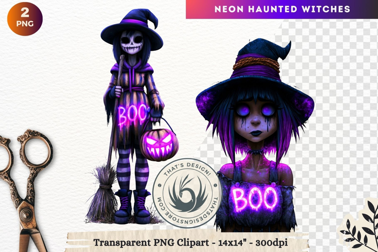 Neon Haunted Witches Clipart, Spooky Kawaii Halloween PNG