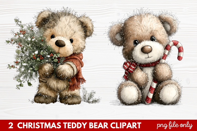 2 Christmas Teddy Bear Clipart | Cute Holiday Bear PNG Illus