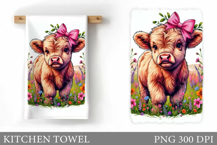 Highland Cow Kitchen Towel. Cow Flowers Kitchen Towel Design