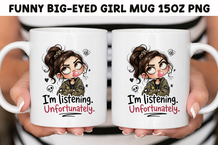Funny Big-Eyed Girl 15oz Mug Wrap Sublimation PNG.