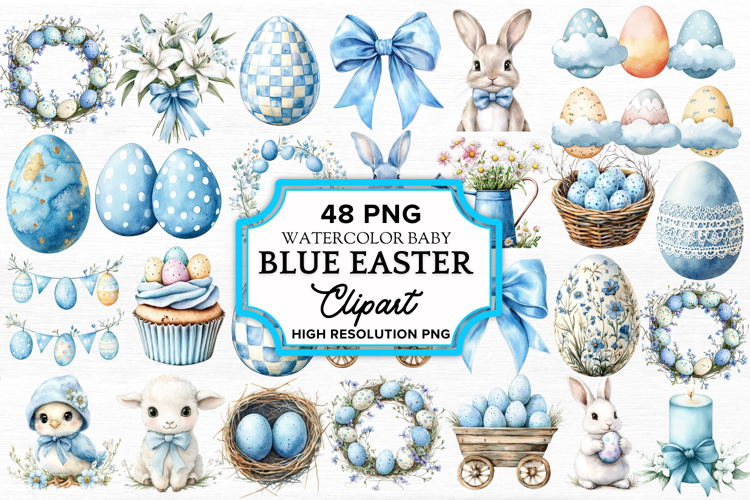 Baby Blue Easter Watercolor Cliparts Bundle PNG