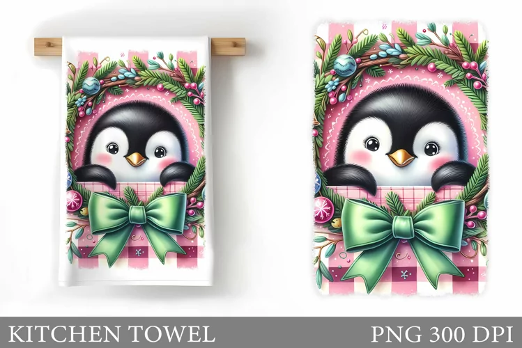 Cute Penguin Kitchen Towel. Christmas Kitchen Towel Design
