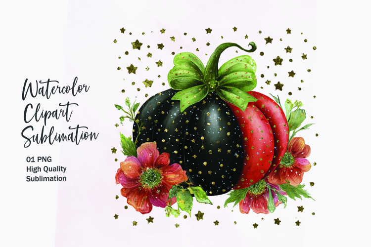 Floral Pumpkin with Bow Watercolor Clipart Sublimation