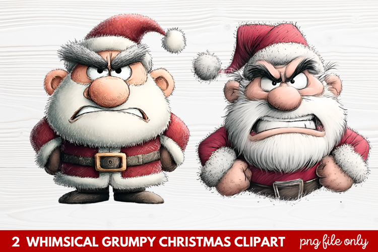 2 Whimsical Grumpy Christmas Clipart | Funny Grumpy Holiday