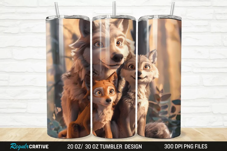 3D Cute Wolf Family 20/30oz Skinny Tumbler