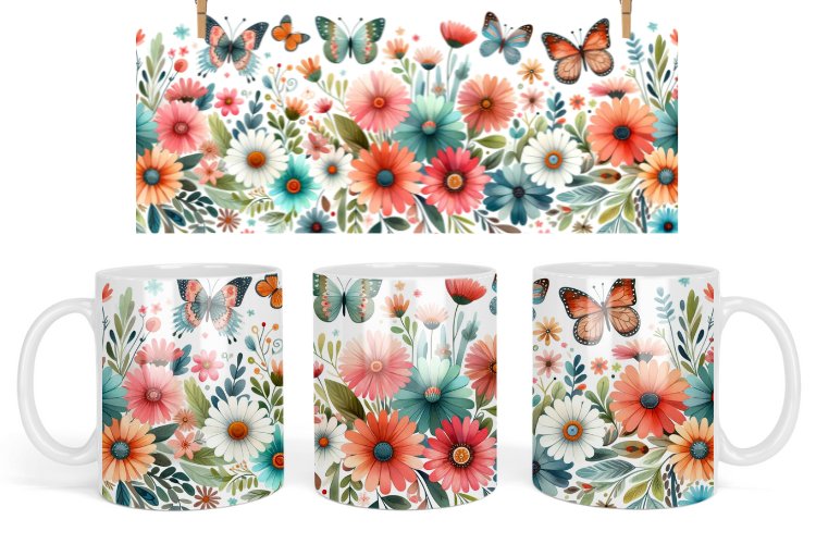 Boho Flowers mug design, Watercolor Butterflies Floral Mug example image 1